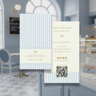 French Powder Blue Stripes Elegant Bakery QR Business Card