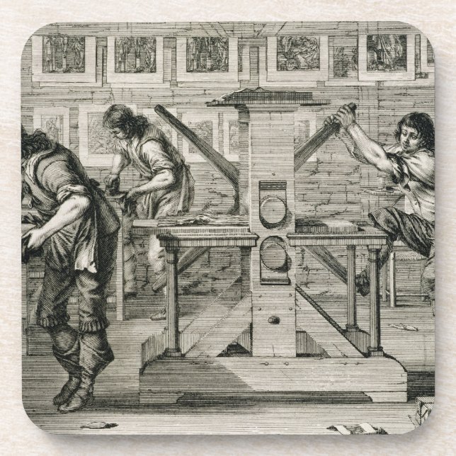 French printing press, 1642 (engraving) coaster (Front)