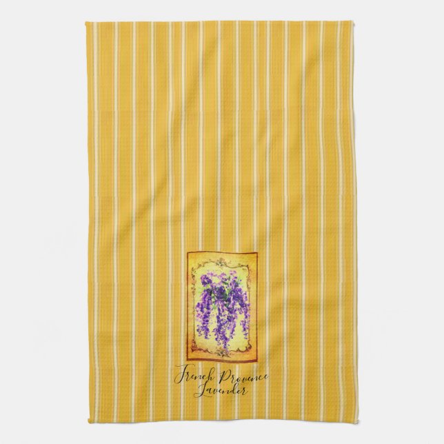 French Provence Yellow Stripes with Wisteria Label Tea Towel (Vertical)