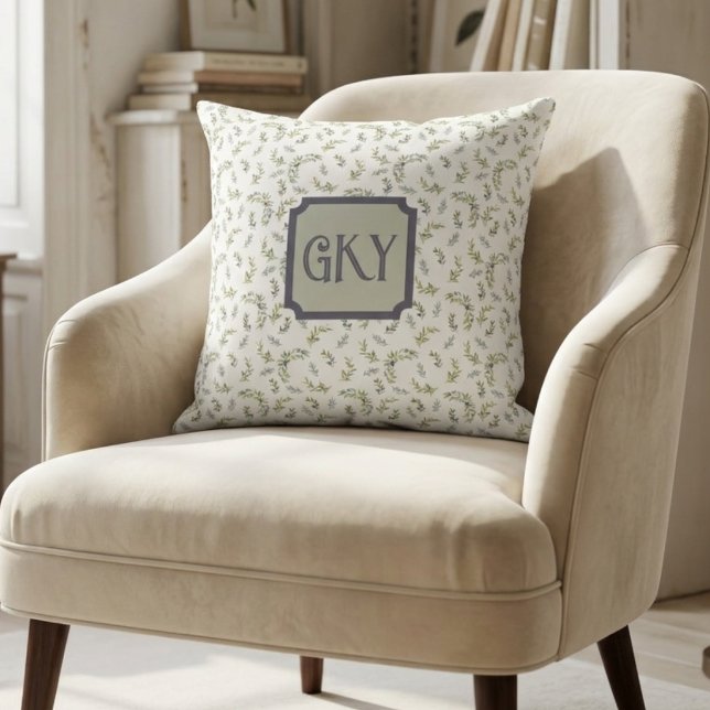 French Provincial Monogram Sage Olive Watercolor  Cushion (Creator Uploaded)