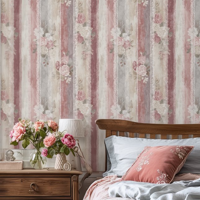 French Provincial Rustic Rose Stripe Wallpaper (Creator Uploaded)
