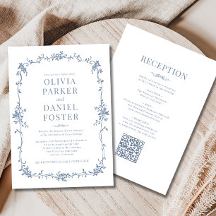 French QR Code All in One Dusty Blue Wedding  Invitation