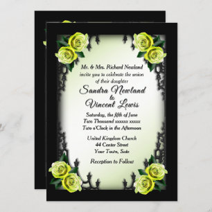 French Quarter Goth 4 Corner Green Rose Wedding Invitation