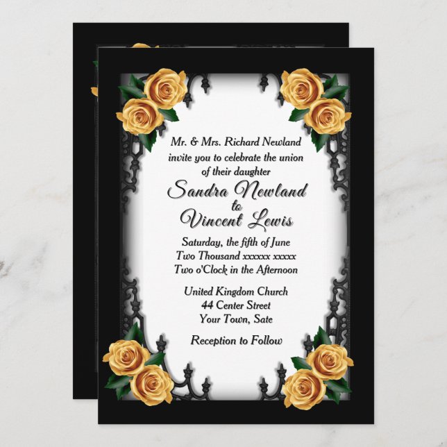 French Quarter Goth 4 Corner Yellow Rose Wedding Invitation (Front/Back)