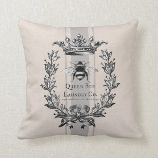 French Queen Bee, grey striped faux grain sack Cushion