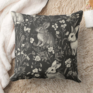 French Rabbit Toile in Black Floral Pattern Cushion