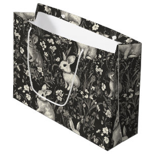 French Rabbit Toile in Black Floral Pattern Large Gift Bag