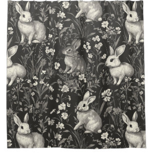 French Rabbit Toile in Black Floral Pattern Shower Curtain