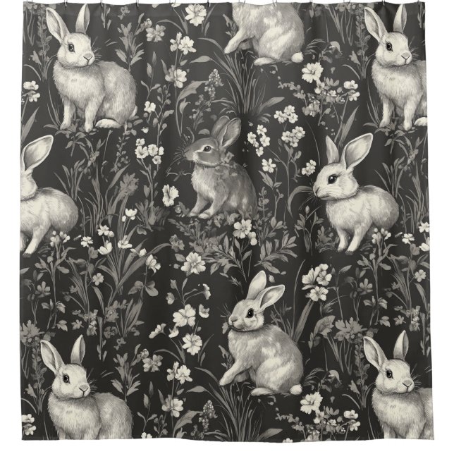 French Rabbit Toile in Black Floral Pattern Shower Curtain (Front)