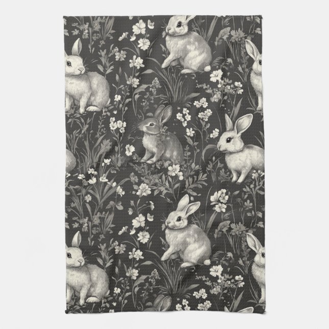 French Rabbit Toile in Black Floral Pattern Tea Towel (Vertical)