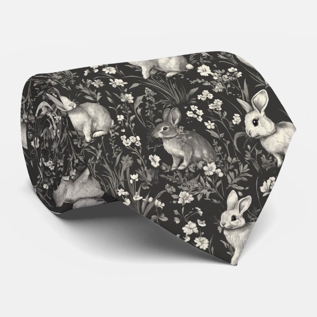 French Rabbit Toile in Black Floral Pattern Tie (Rolled)