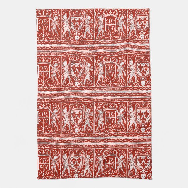 French Red and White Mediaeval Pattern Monogram H Tea Towel (Vertical)