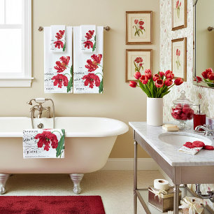 French red floral bath towel set