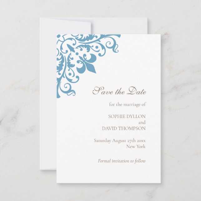 French Regency Blue Fleur de Lis Pattern Wedding Save The Date (Front)