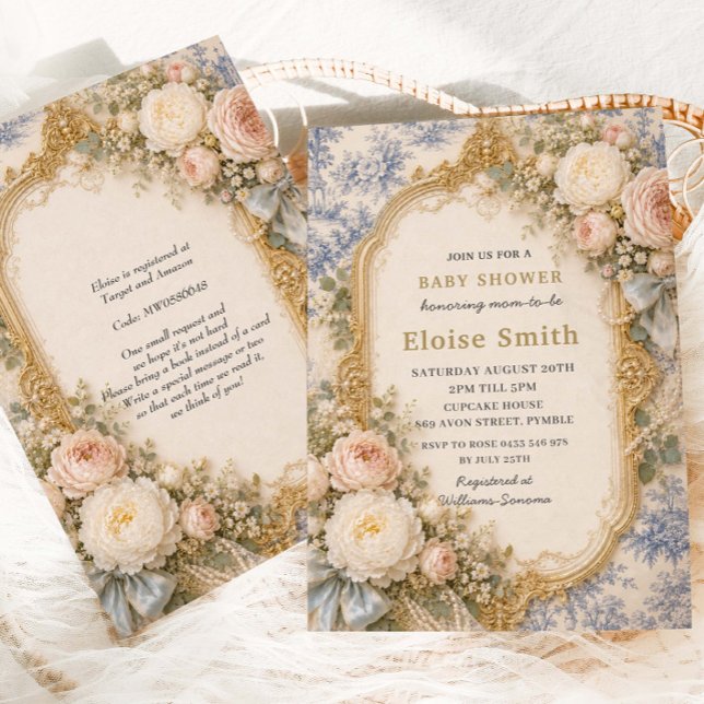 French Regency Blue Toile Floral Bow Baby Shower Invitation (Creator Uploaded)