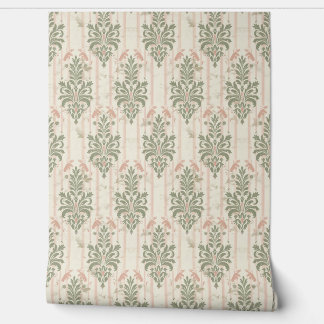 French Retro Damask Stripe Pattern – Vintage Sage  Wallpaper
