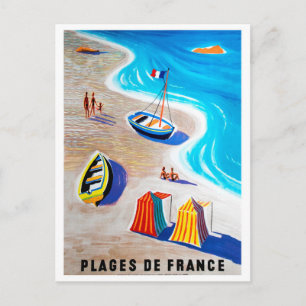 French riviera, people on beach, fishing boats postcard