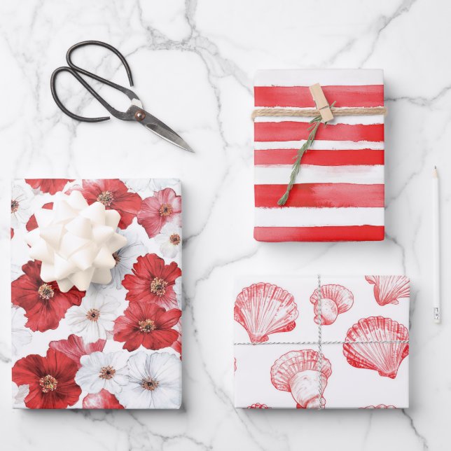 French Riviera Red Flowers Stripes Shells Wrapping Paper Sheet (Front)