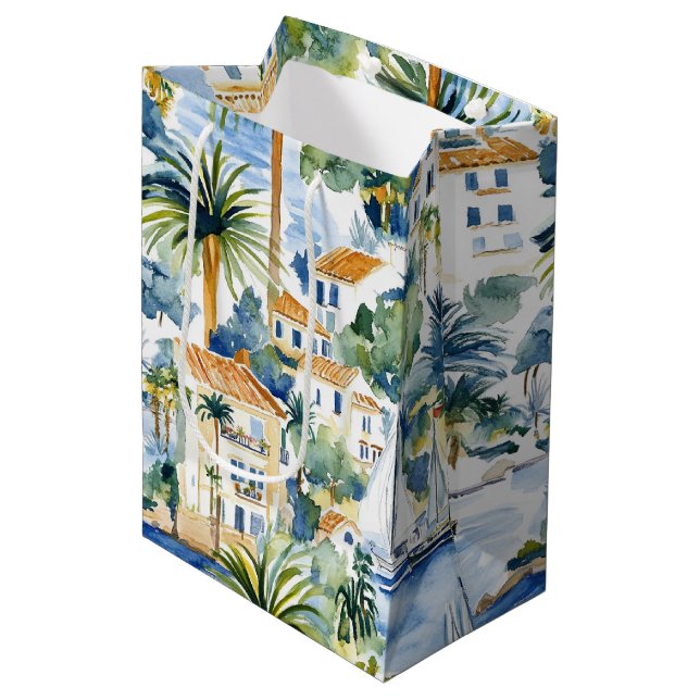 French Riviera Tropical Palm Trees Birthday Medium Gift Bag (Front Angled)