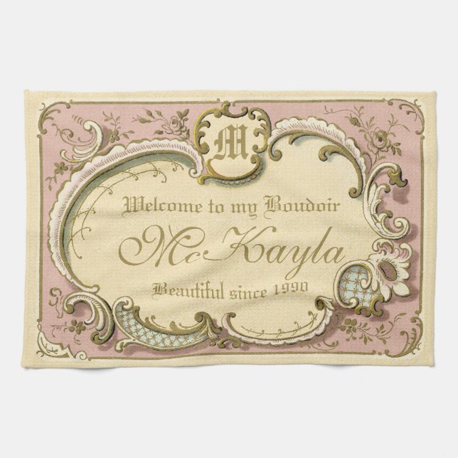 French Rococo Boudoir Elegant Frame Gold Pink Tea Towel (Horizontal)