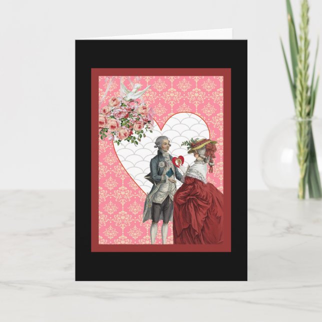 French Rococo Couple and Pink Damask Valentine Holiday Card (Front)