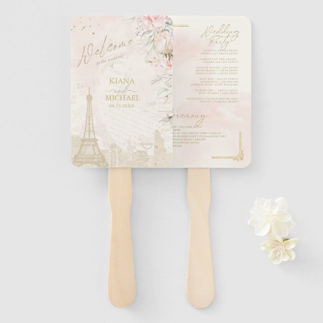 French Romance Wedding Program Blush ID870 Hand Fan (Front and Back)