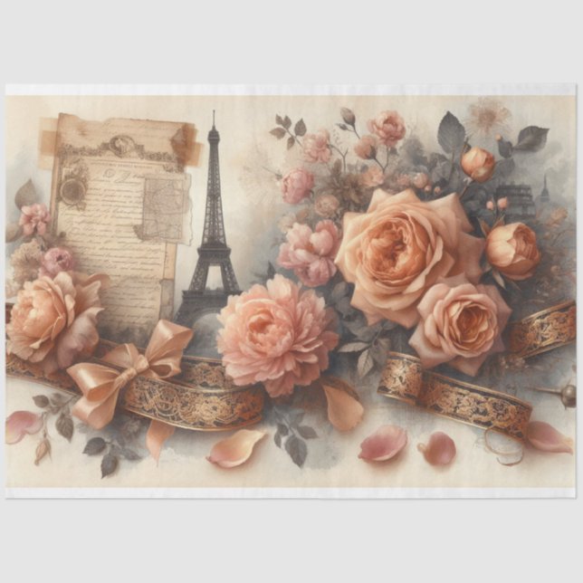 French Roses Eiffel Tower Romance Decoupage Tissue Paper (Front)
