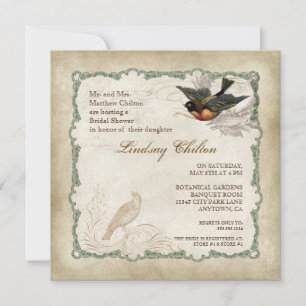 French Roses Love Birds Swirl Vintage Lace - Aqua Invitation