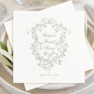 French Sage Green Floral Crest Bridal Shower Napkin