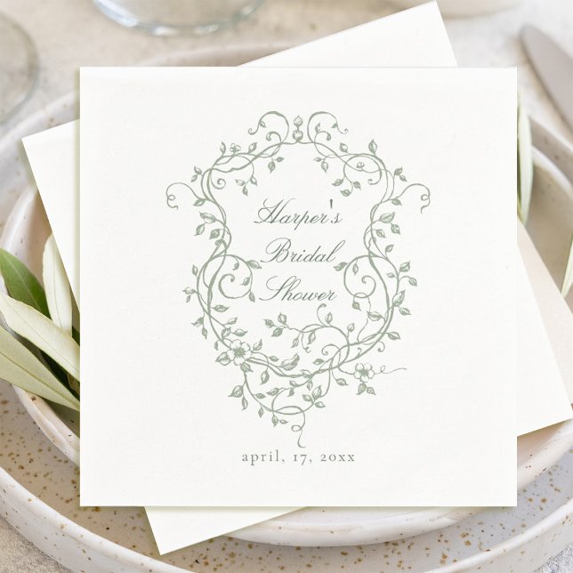 French Sage Green Floral Crest Bridal Shower Napkin (Creator Uploaded)