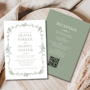 French Sage Green Victorian All in One Wedding  Invitation