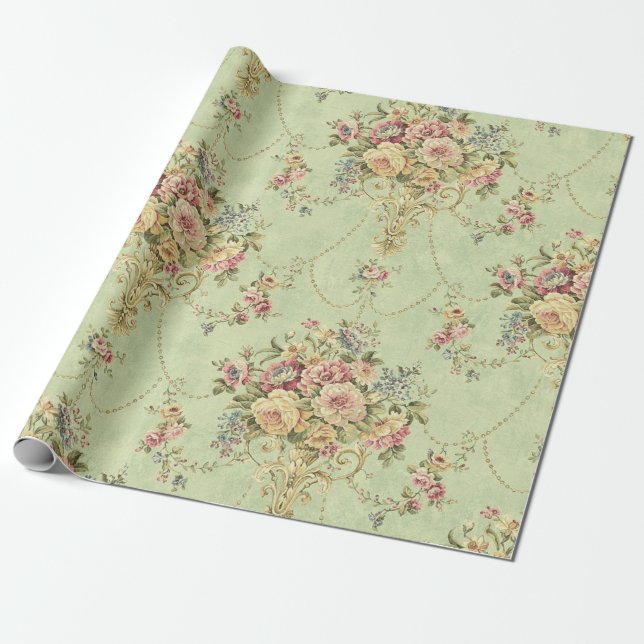 French Sage Green Victorian Style Floral Decoupage Wrapping Paper (Unrolled)