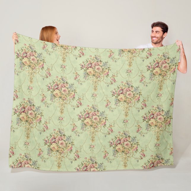 French Sage Green Victorian Style Floral Rococo Fleece Blanket (In Situ)
