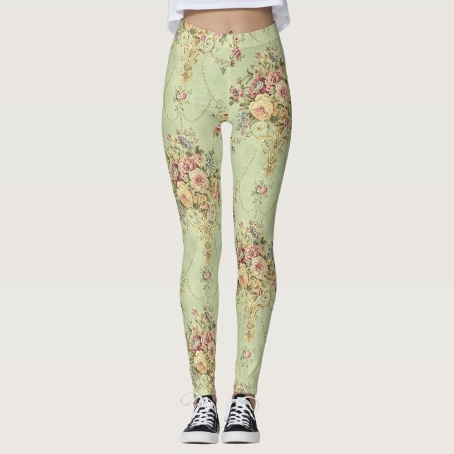 French Sage Green Victorian Style Floral Rococo Leggings (Front)
