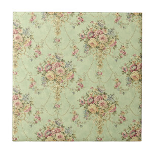 French Sage Green Victorian Style Floral Rococo Tile