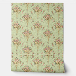 French Sage Green Victorian Style Floral Rococo Wallpaper