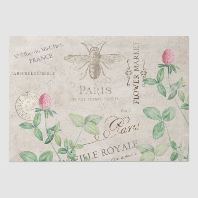 French Script Bee Pink Clover Flower Honey Music  Tissue Paper (Front)