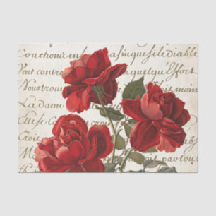 French Script Red Rose Floral Vintage Tissue Paper