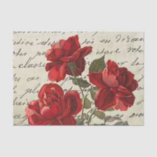 French Script Red Rose Floral Vintage Tissue Paper