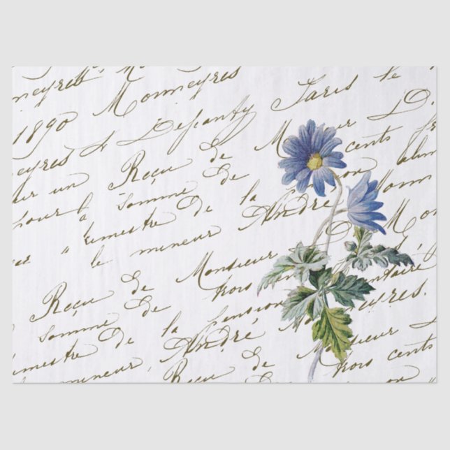 French Script Vintage Blue Wildflower Tissue Paper (Front)