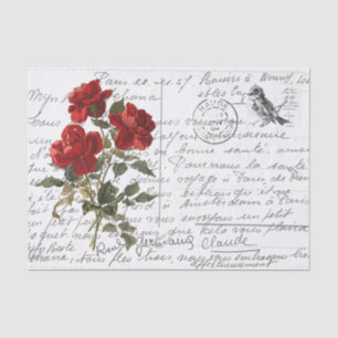 French Script Vintage Red Rose Bird Postcard Tissue Paper