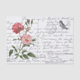 French Script Vintage Rose Bird Postcard Tissue Paper