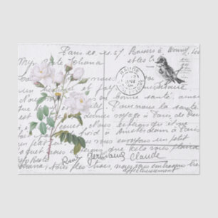 French Script White Rose Bird Vintage Postcard Tissue Paper