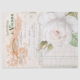 French Script White Rose Flower Ephemera Decoupage Tissue Paper