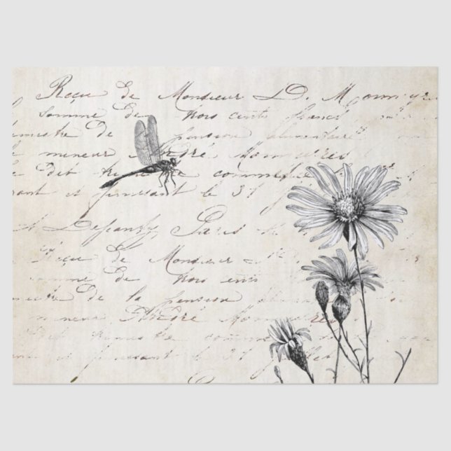 French Script Wildflower Dragonfly Decoupage Tissue Paper (Front)