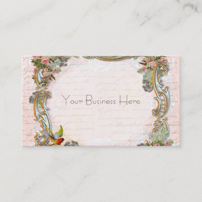 French Script Writing and Scrolls on Pink Business Card (Front)