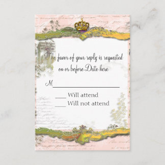 French Script Writing & Gold Crown RSVP Card