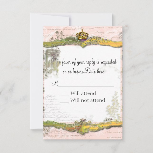 French Script Writing & Gold Crown RSVP Card (Front)