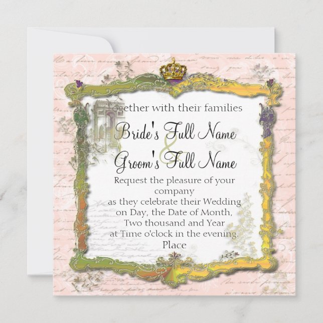 French Script Writing & Gold Crown Wedding Invitation (Front)