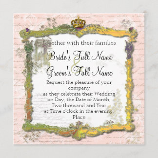 French Script Writing & Gold Crown Wedding Invitation